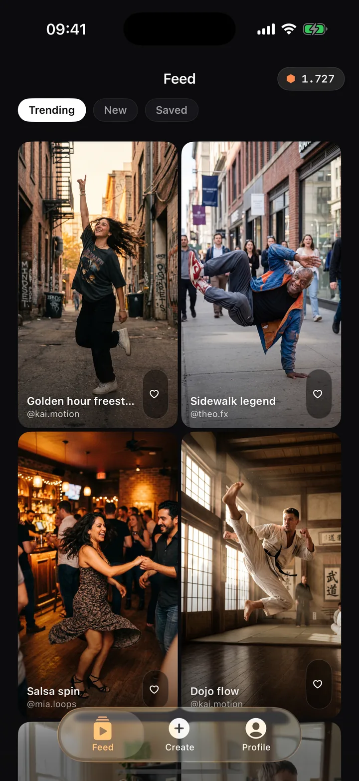 Merge community feed — a grid of AI motion videos created by other users