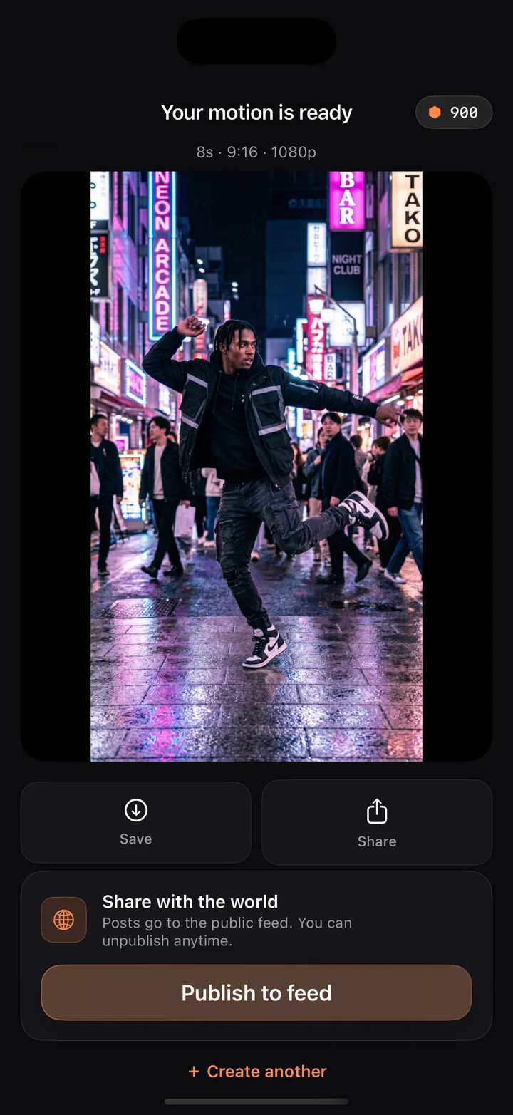 The Merge app showing a finished AI motion video — a still photo animated into a dance on a neon city street