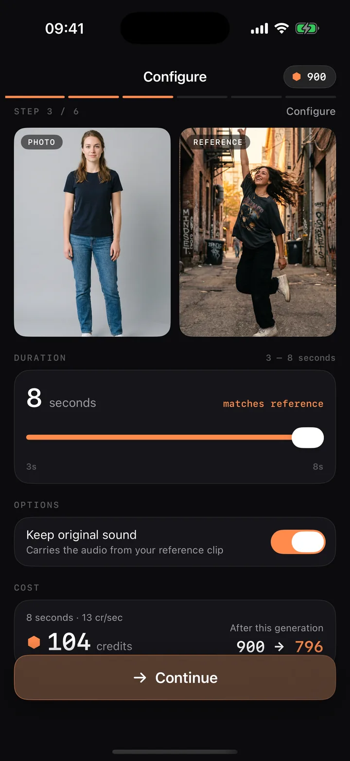 Merge Configure screen — an input photo and a reference motion clip shown side by side