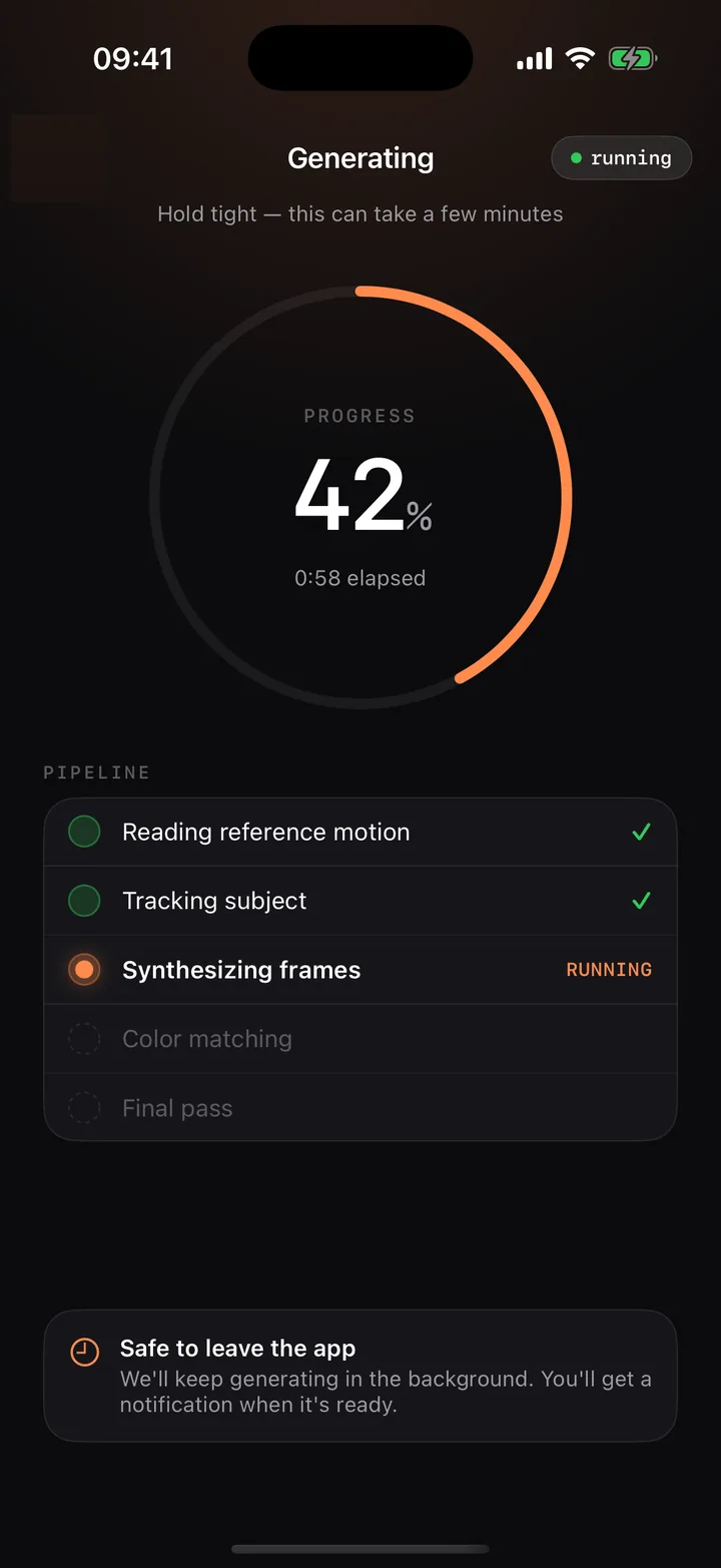 Merge Generating screen — a progress ring and the AI synthesis pipeline stages