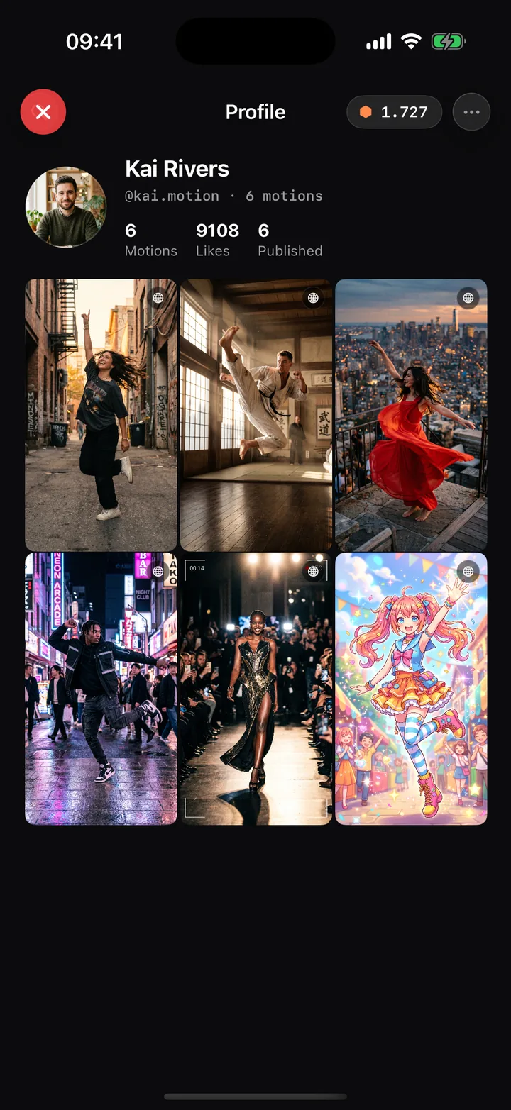 A Merge user profile showing a grid of their created motion videos